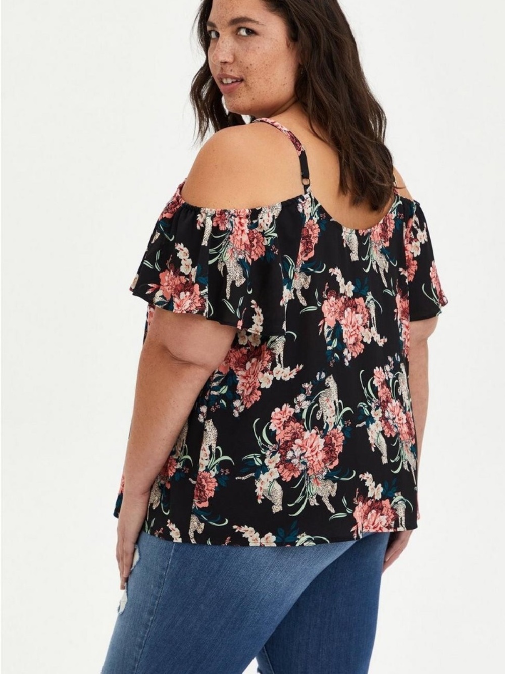 Torrid Black Floral Georgette Lace-Up Cold Shoulder Top Size 3X - Picture 2 of 4